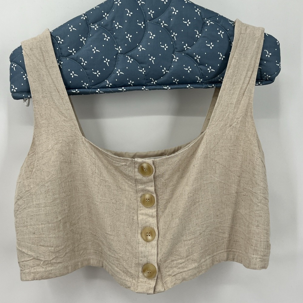 Linen-Blend Beige Crop Button Front Tank Top